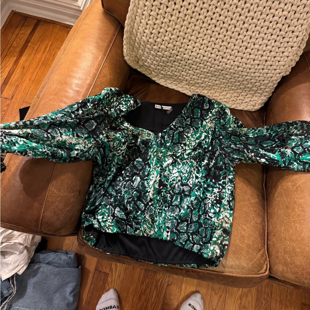 Alice and Olivia top (green, patterned)